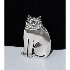 Vintage 1980's Laurel Burch Silver Tone Sitting Cat Brooch Signed